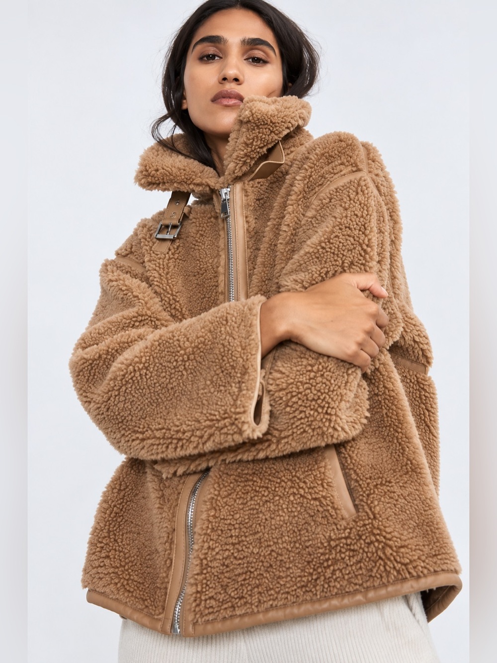 Zara oversized $139 Camel Teddy Sherpa Fleece Jacket with Buckle Collar